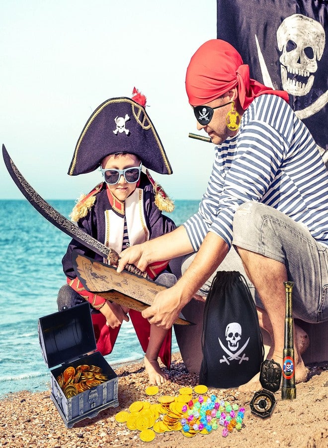 سراتي مجموعة ألعاب كنز القراصنة من سترات، 116 قطعة، صندوق كنز يحتوي على عملات معدنية وجواهر وأحجار كريمة وخريطة وبوصلة وتلسكوب، هدايا مثالية للأولاد والبنات في عيد الميلاد والهالوين، دعائم تنكرية، زينة حفلات بطابع القراصنة. - Image 4